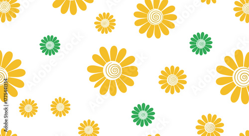 A cheerful, seamless pattern featuring yellow and green flowers with spiral centers scattered across a clean white background.
