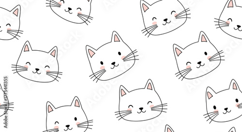 A charming seamless pattern featuring cute, hand-drawn white cartoon cat faces with pink cheeks and whiskers on a white background.