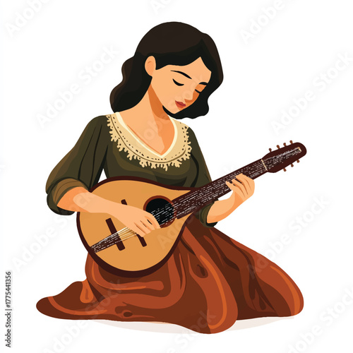 Young Woman Playing Mandolin with Focused Expression.