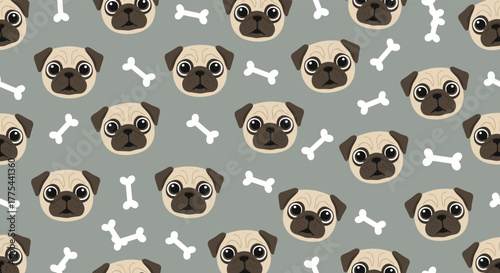 Cute cartoon pug dog faces and white bones arranged in a repeating seamless pattern on a solid grey background.