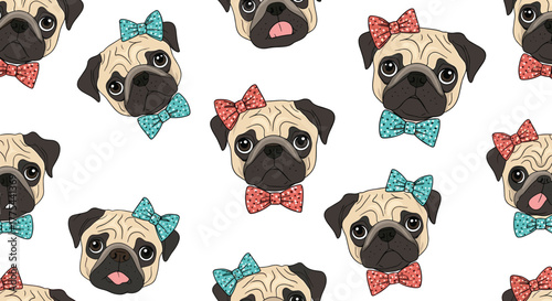 A seamless pattern of adorable cartoon pug faces, some wearing red bows and others blue polka dot bow ties, on a clean white background.
