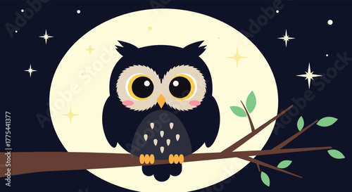 Adorable nocturnal owl with wide eyes sitting on a tree branch in front of a bright full moon and twinkling stars at night.