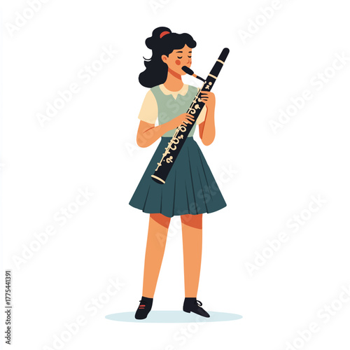 Young woman playing the clarinet with focus and passion.