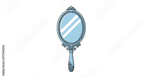 An illustration of a vintage-style handheld mirror, featuring a light blue, ornate frame and handle with a reflective surface.