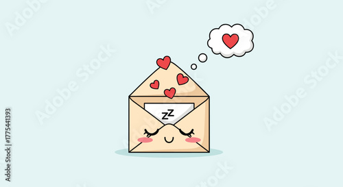 Cute cartoon envelope character sleeping peacefully and dreaming of love, with hearts floating around.