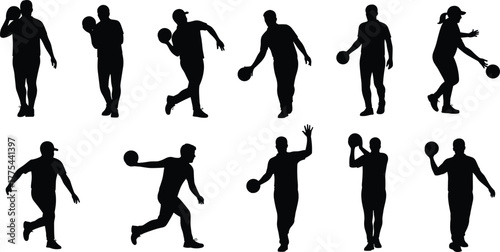 Silhouette illustration of people playing dodgeball, men and women throwing and catching balls, team sport activity, competition, fitness and athletic motion concept