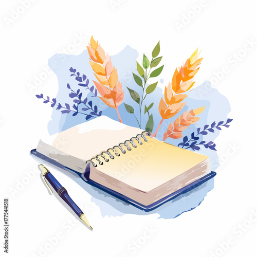 Watercolor illustration of an open notebook with a pen, wheat, and lavender on a light blue background.