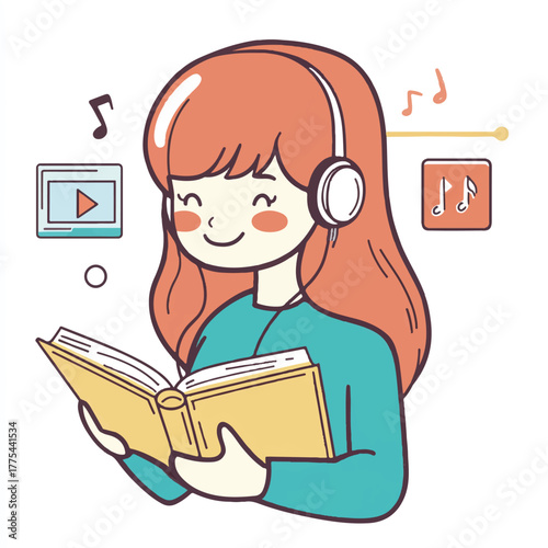Young woman reading a book and listening to music with headphones