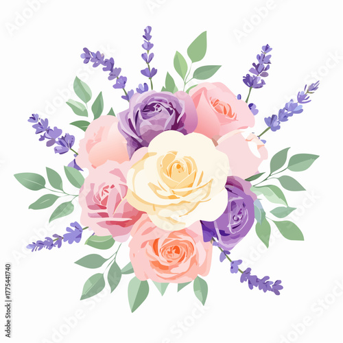 A beautiful watercolor illustration of a bouquet featuring roses, lavender, and green leaves, perfect for various design projects.
