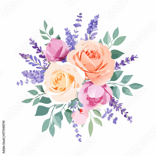 A beautiful watercolor illustration of a floral arrangement featuring roses and lavender.