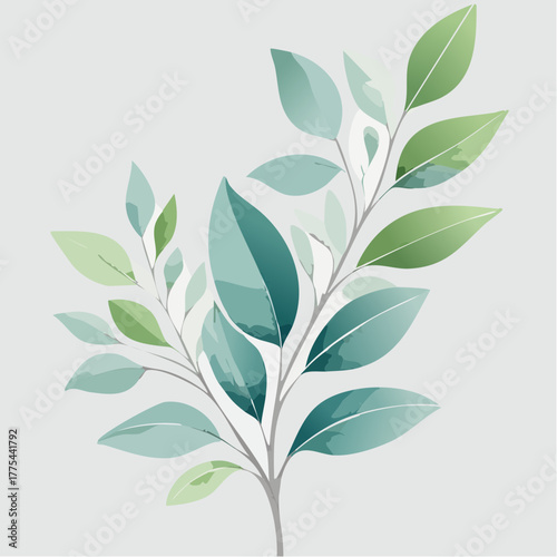 Watercolor illustration of a plant branch with green and blue leaves on a light background.