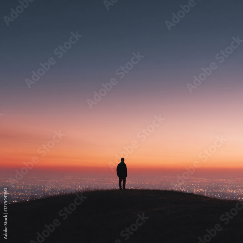 Silhouette against a vibrant dawn. A solitary figure contemplates the cityscape below. Evokes themes of reflection, ambition, or serenity. Ideal for introspective or motivational content.