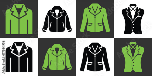Collection of stylish jacket icons in various colors and designs, showcasing fashion and outerwear options for different occasions and styles
