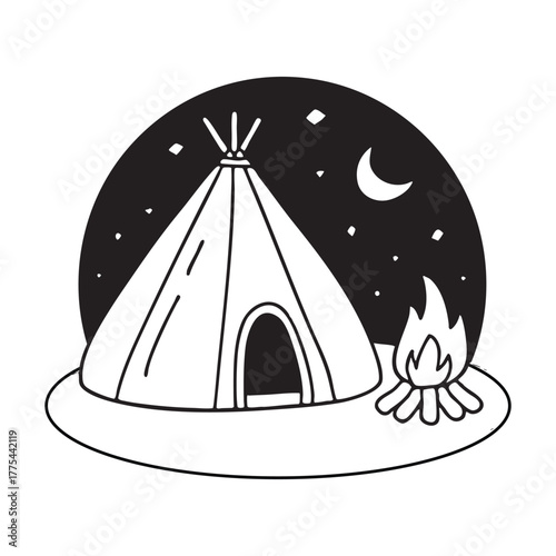 A yurt standing beside a campfire beneath the night sky