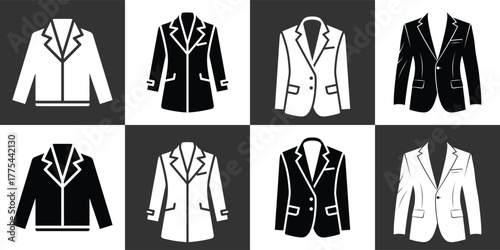 Elegant suit jacket collection on a checkered background, showcasing a variety of stylish blazers in black and white, perfect for formal wear