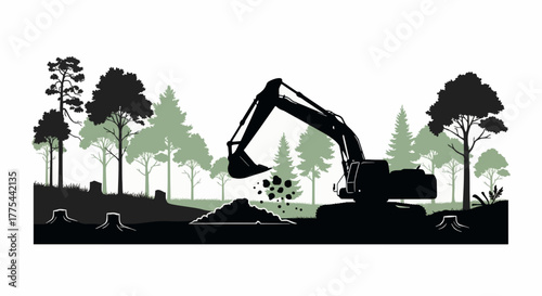 Excavator land clearing vector in a forest environment.