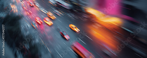 Highangle view of city traffic at night, blurred motion, creating dynamic streaks of light. Illustrates speed, energy, urban life. Great for transportation  business.