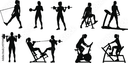 Silhouette illustration of women performing various gym workouts, weightlifting, treadmill running, cycling, resistance training, and strength exercises for fitness and health