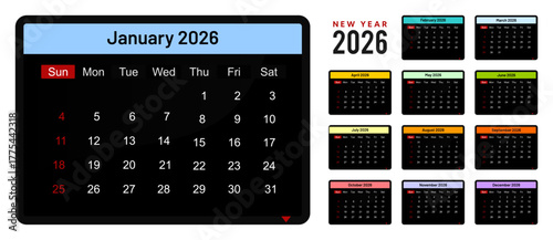 Modern calendar 2026 with Sunday Holidays. Minimal 2026 monthly black calendar design, week starting from Sunday. Happy New Year vector template illustration