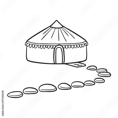 A yurt sitting beside a stone-lined walkway