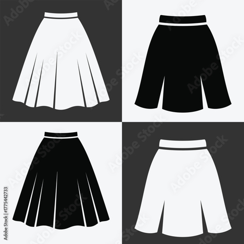 Flared skirt icons in black and white, vector graphic illustration