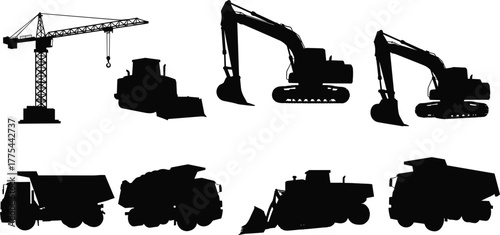 Silhouette of construction vehicles and tower crane, heavy equipment machinery for building work, industrial engineering illustration for infrastructure and development project concept design