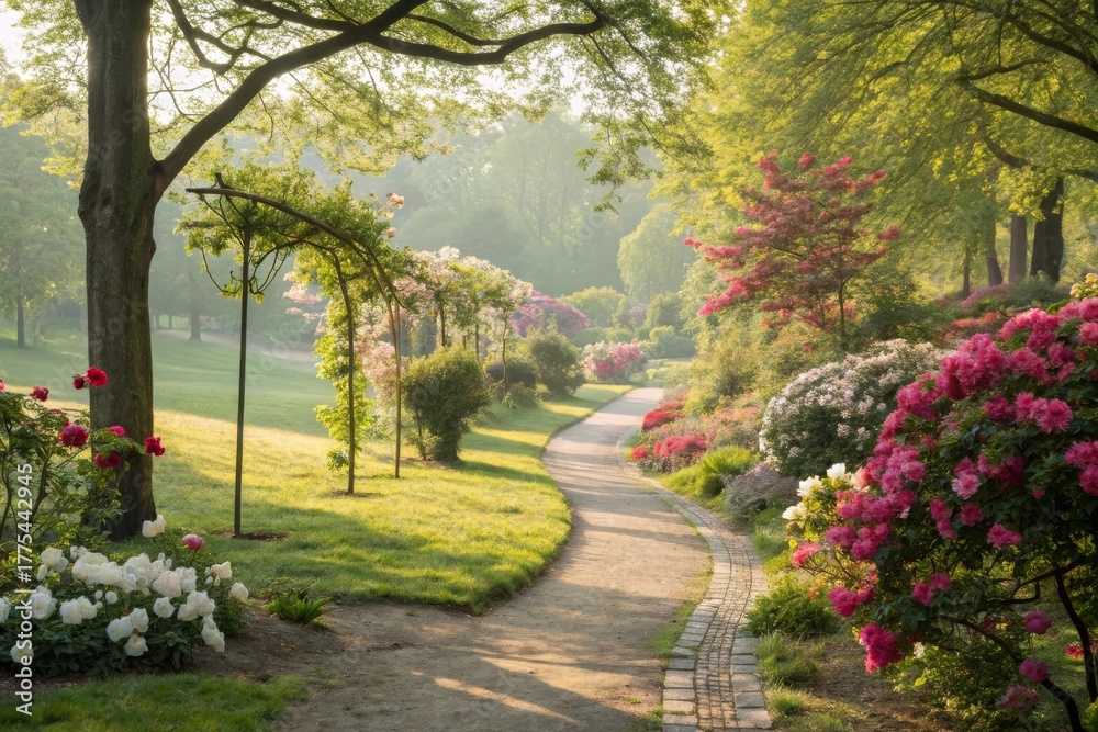 Fototapeta premium A winding garden path with blooming flowers in bright daylight