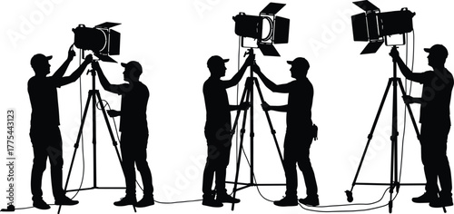 Silhouette of film crew technicians adjusting professional studio lights on tripods, teamwork in movie production set, cinematography and lighting equipment vector illustration
