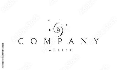 A vector logo featuring an abstract image a spiral galaxy with stars and planets orbiting around, symbolizing infinity and cosmic harmony.