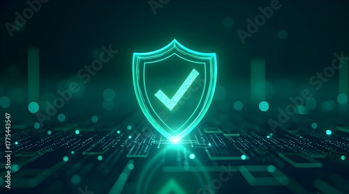 Futuristic cybersecurity protection shield with glowing check mark, digital data network security concept, privacy defense, antivirus encryption, and online safety technology background illustration