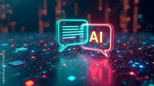 Futuristic AI chatbot interface with glowing digital speech bubbles, artificial intelligence communication technology, virtual assistant concept, machine learning and modern data network background