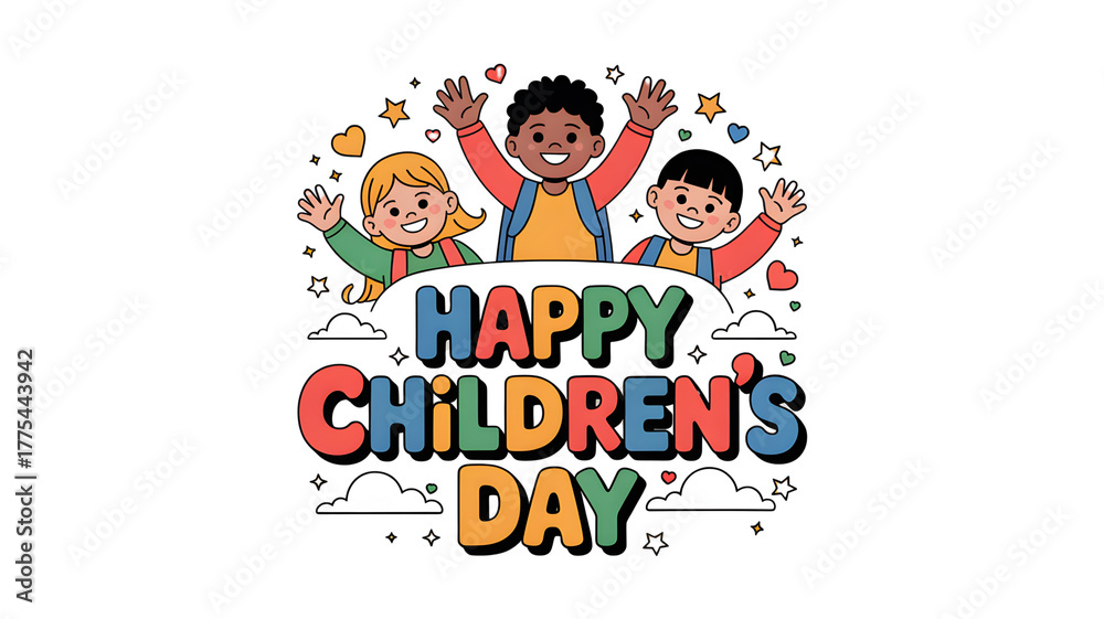 Naklejka premium Cute diverse school kids waving with backpacks celebrating Happy Children’s Day on white background