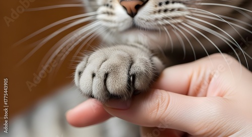 Cute white kitten with blue eyes held in hands, a perfect portrait of a domestic feline pet, A close-up of a cat's paw, with its toe beans on full display, being gently held, national cat lover' month