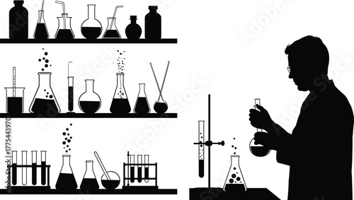 Silhouette of scientist working in chemistry laboratory with test tubes and flasks, experimental research concept, science education and innovation background illustration
