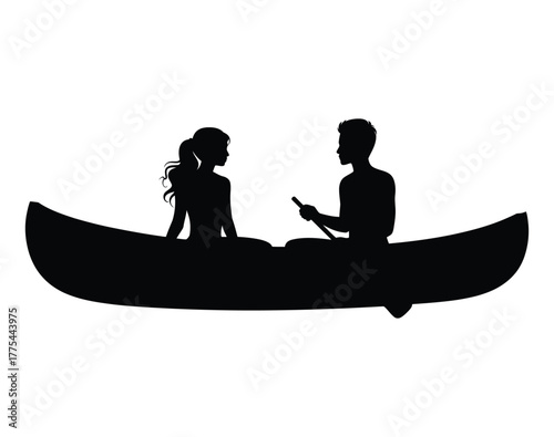 Romantic Couple Canoeing Silhouette: Man and Woman Paddling on Water Vector Graphic.