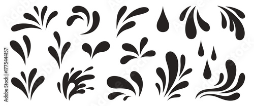 Black water splash and splatters silhouettes with different shapes. Various drops collection. Vector illustration in flat style on white background.