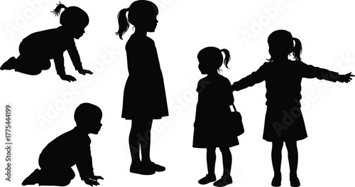 Children silhouette vector, crawling child pose, standing girl with handbag, playful kid gesture, childhood movement, ponytail girls, social behavior illustration