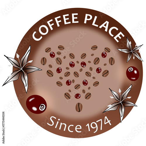 Vector logo for a coffee shop company represented by heart-shaped coffee seeds and flowers all inside a circle with a message