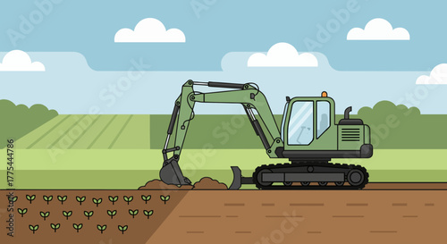 Vector illustration of a small excavator working in an agricultural field.