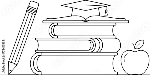 Back to school illustration with books, pencil, apple, and graduation cap ready for your creative designs and educational projects for teachers and students
