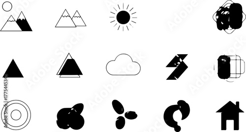 Minimalist nature icons for clean design projects: Mountains, sun, cloud, home, and abstract elements for a modern, simple aesthetic originally vector
