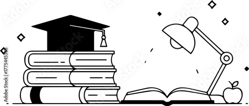 Inspiring education scene with books, graduation cap, and lamp, perfect for back-to-school designs or motivational content, originally a vector graphic