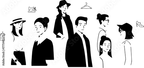 Stylish diverse group, a modern, trendy crowd enjoying fashion shopping, vector art for fashion blogs, editorial use and chic design projects
