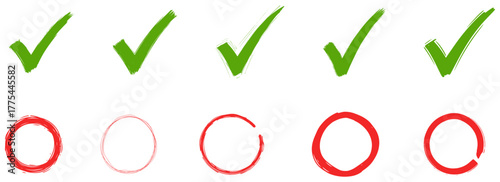 Green check marks validate, red circles reject in this hand drawn vector graphic