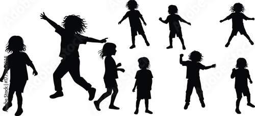 Children silhouettes playing, jumping, running, diverse kids in energetic poses, playful movement, group of eight, vector illustration, family recreation scene, active kids