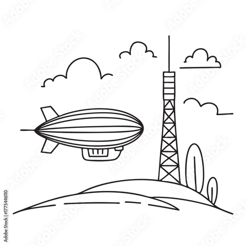 A zeppelin close to a radio tower standing on a hill