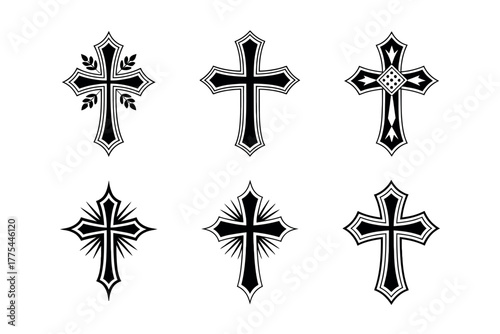 Six ornate Christian cross designs arranged in two rows on a white background.