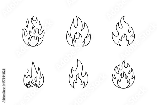 Six simple line art illustrations of flames in various styles.