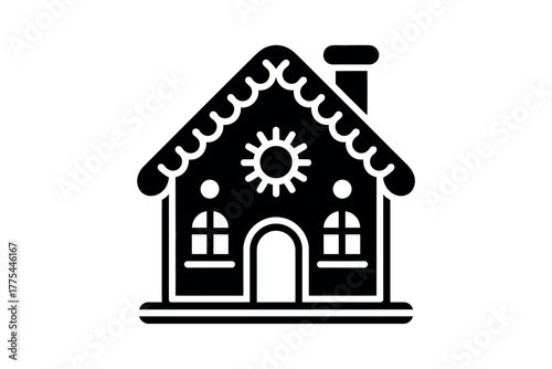 A stylized black and white illustration of a gingerbread house