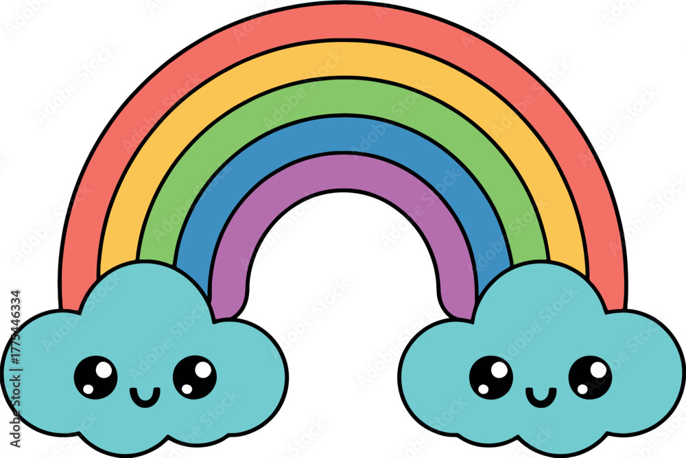 Obraz premium A colorful rainbow arches over two cute, smiling clouds with big eyes.